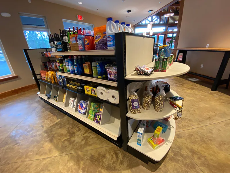 Snack shelves stocked inside The Market at Grass Valley RV Resort