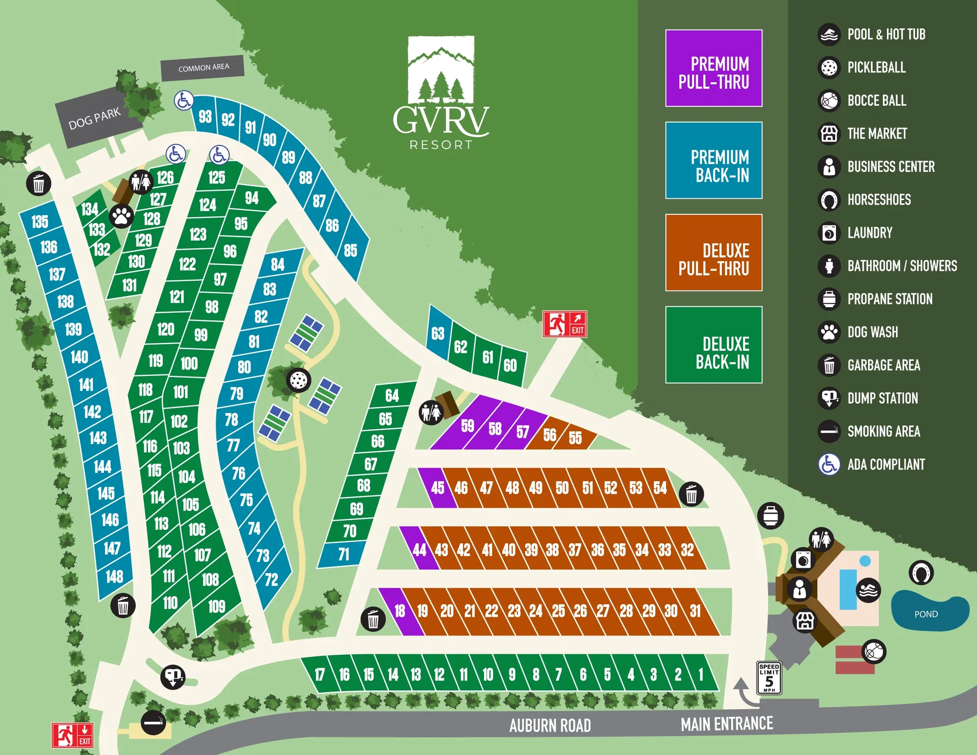 2025 resort map of Grass Valley RV Resort showing all 148 sites, lodge, pool, and amenities