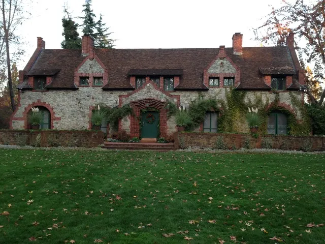 Stone buildings and gardens at Empire Mine State Historic Park