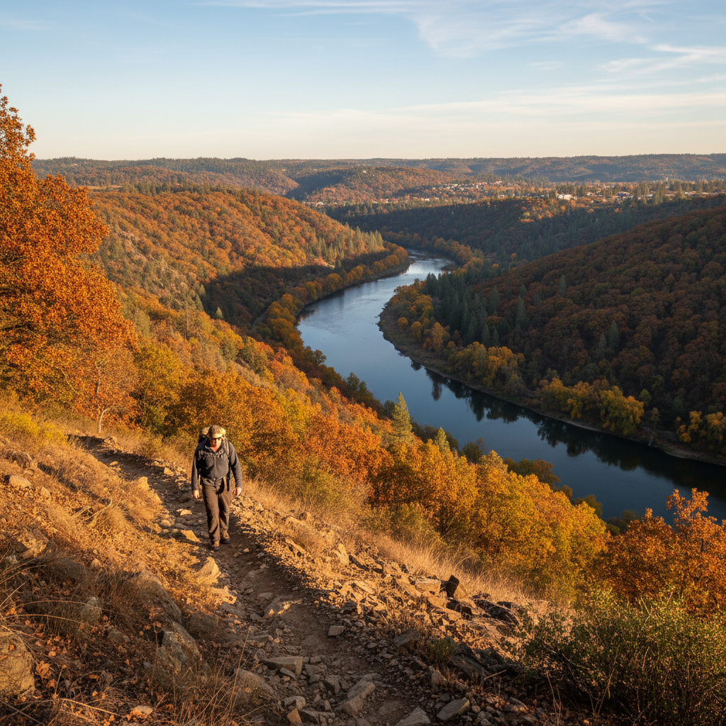 Hiker on a trail above the American River canyon in Auburn State Recreation Area during fall foliage season