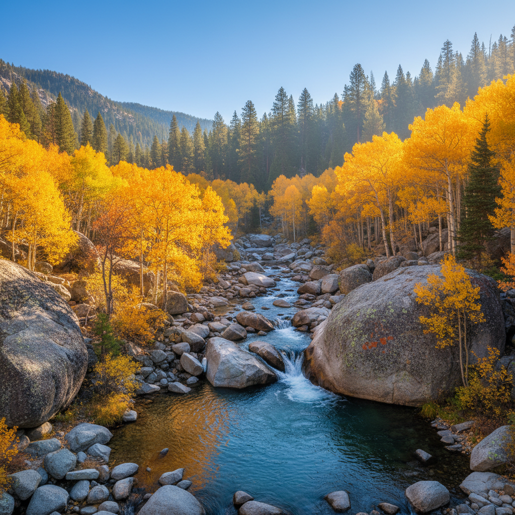 Golden aspen grove beside a granite lined creek in the Sierra Nevada high country during fall