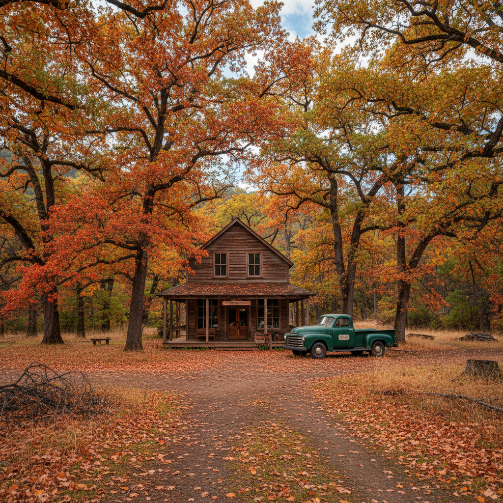 Autumn oaks and maples surrounding a restored gold rush era wooden building in the Sierra foothills
