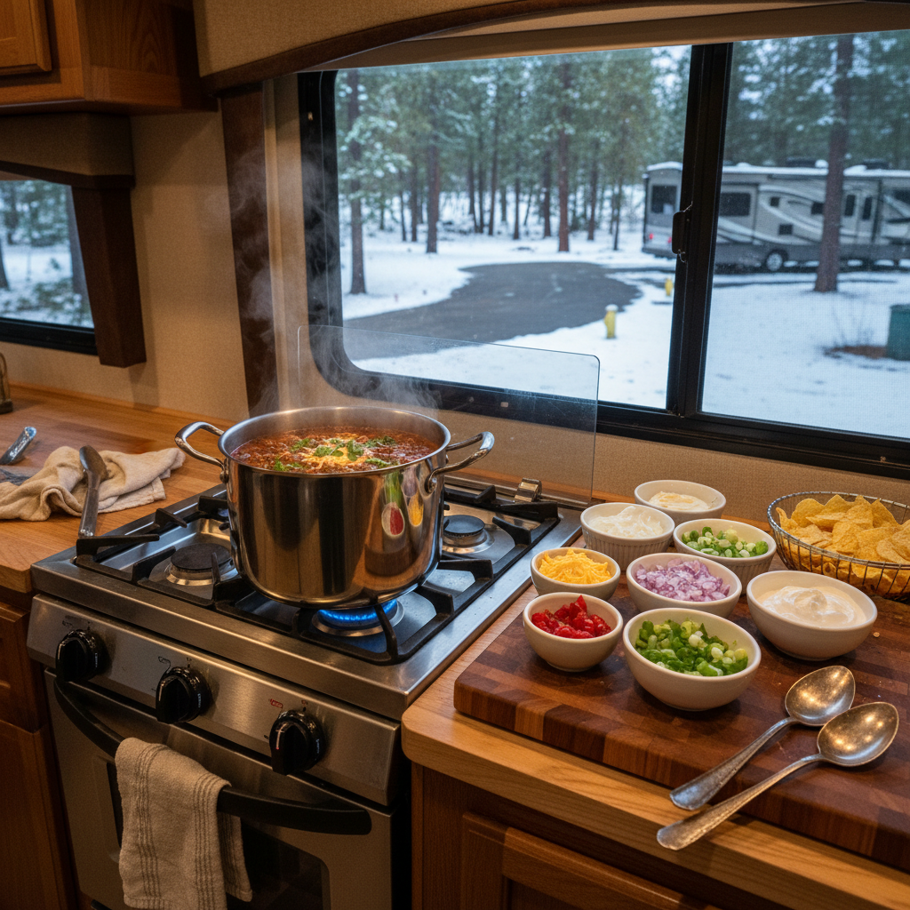 Steaming pot of one-pot chili on an RV stove with toppings on the counter beside it