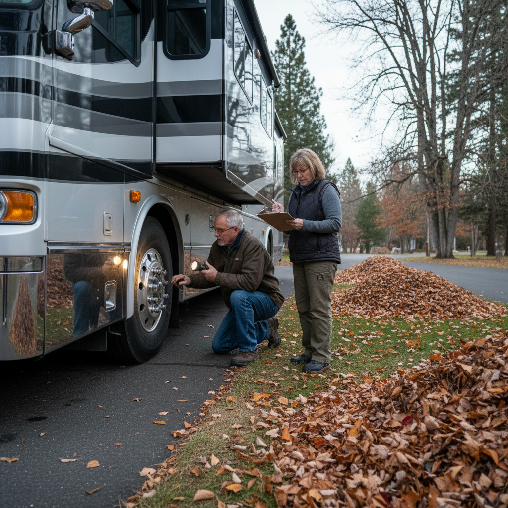 RV owners inspecting their motorcoach before winter storage at an RV resort