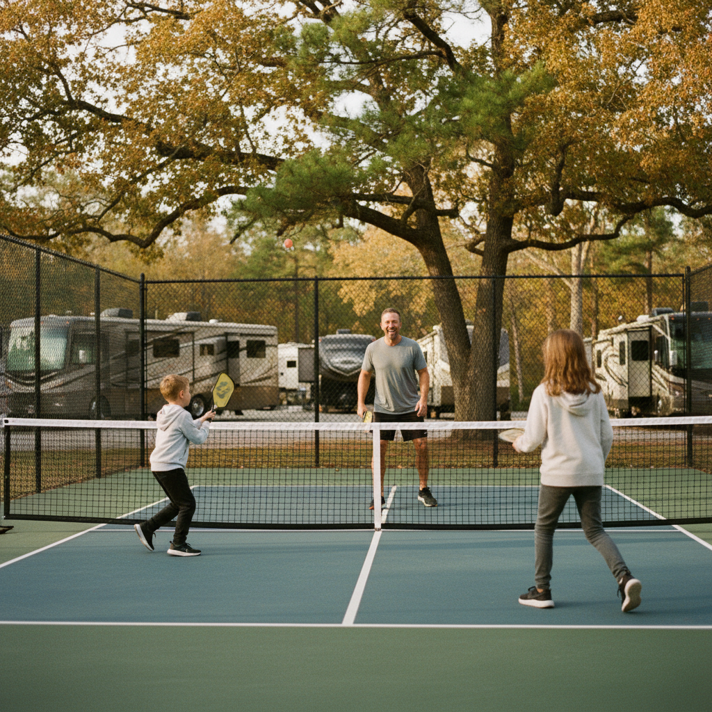 Family playing pickleball on an outdoor court at a Grass Valley RV resort during fall