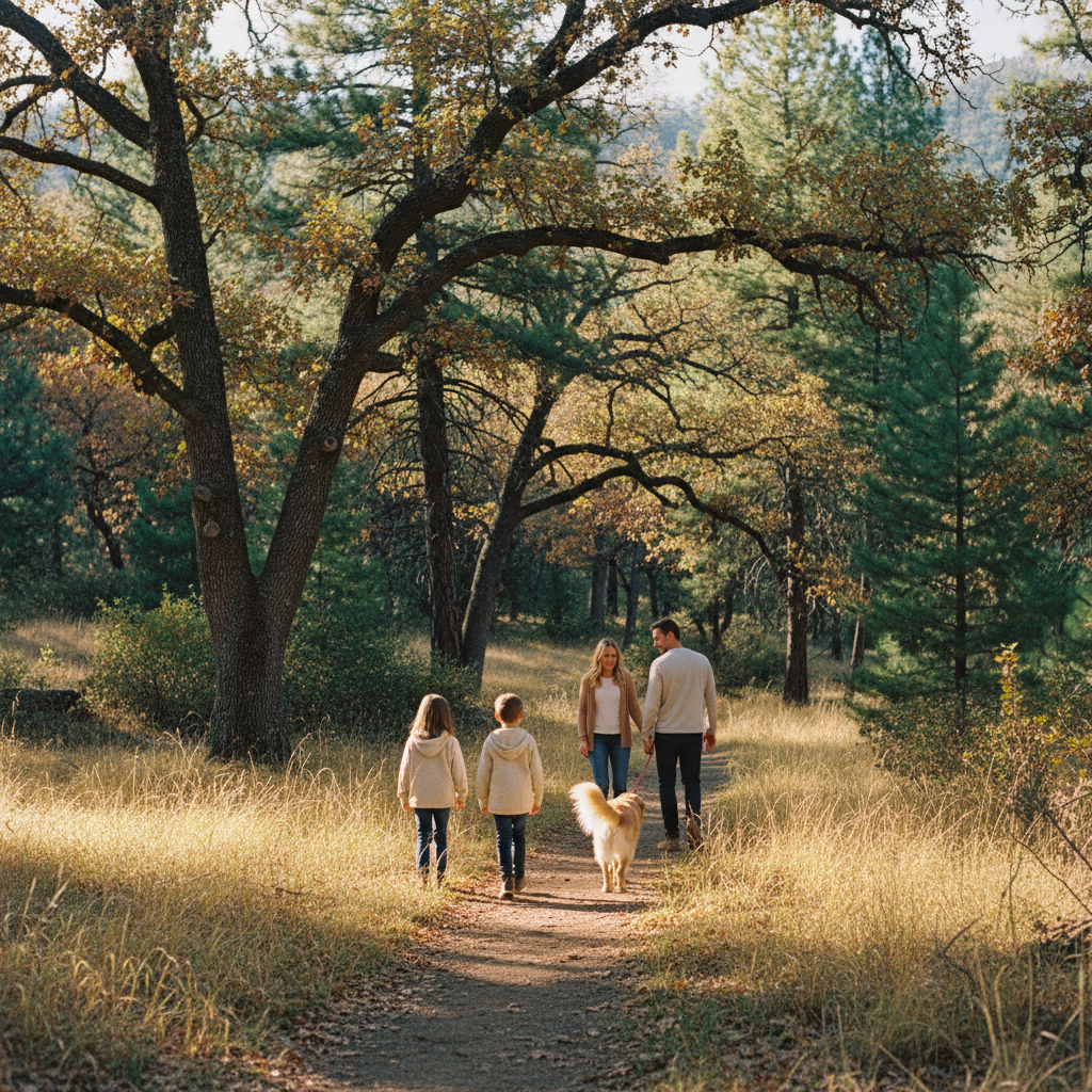 Family hiking a foothill trail near Grass Valley on a fall break RV trip