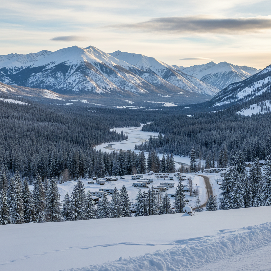 Snow-covered Truckee California winter landscape with RV parked at a mountain resort