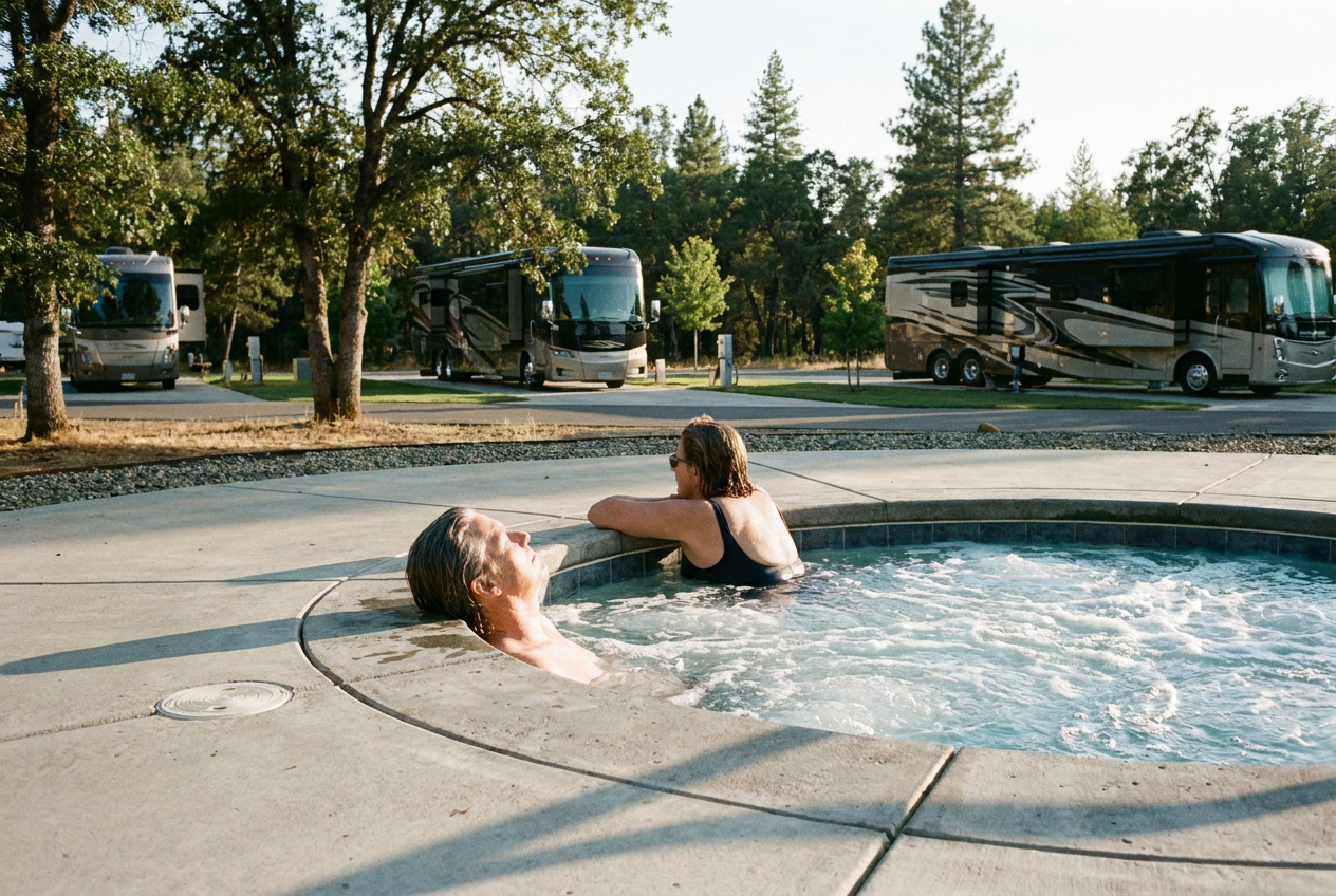 Two guests relaxing in the heated outdoor spa at Grass Valley RV Resort on a sunny Sierra foothills afternoon, with paved RV sites and oak woodland visible in the background.