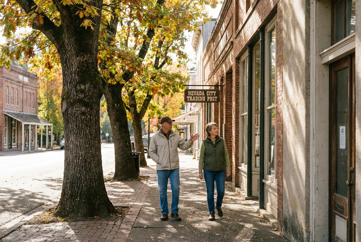 Two visitors strolling along a tree-lined historic street in downtown Nevada City, California, on a warm fall afternoon, with Gold Country architecture and oak trees framing the scene.