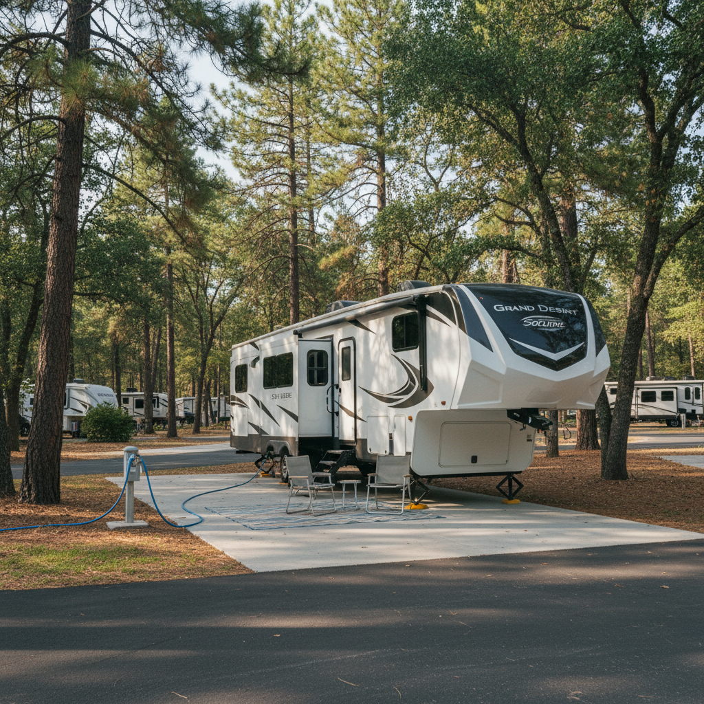Modern fifth wheel parked on a paved full-hookup site with utility pedestal at Grass Valley RV Resort