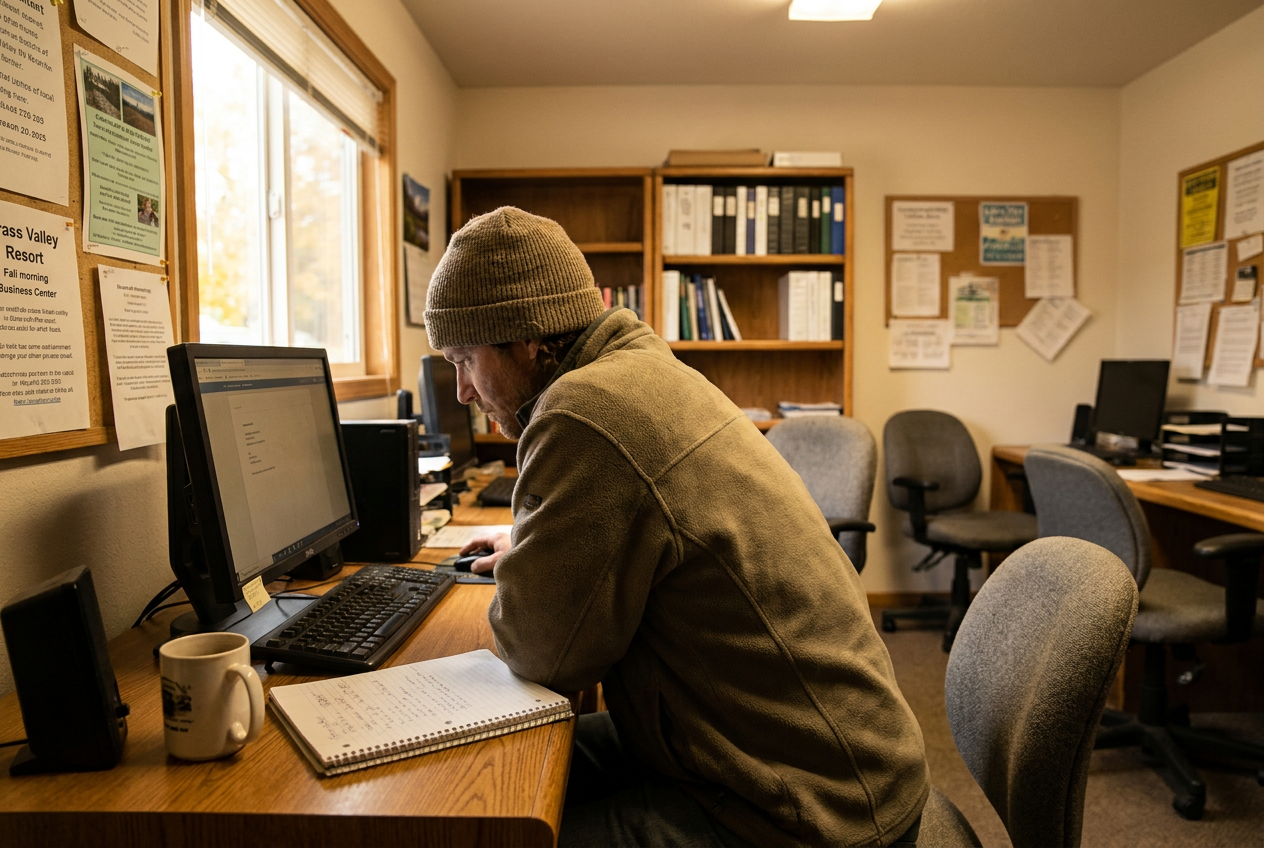 A resort guest working at a desktop workstation inside the Grass Valley RV Resort business center on a fall morning, focused on the monitor with a notebook beside them in a tidy, functional workspace.