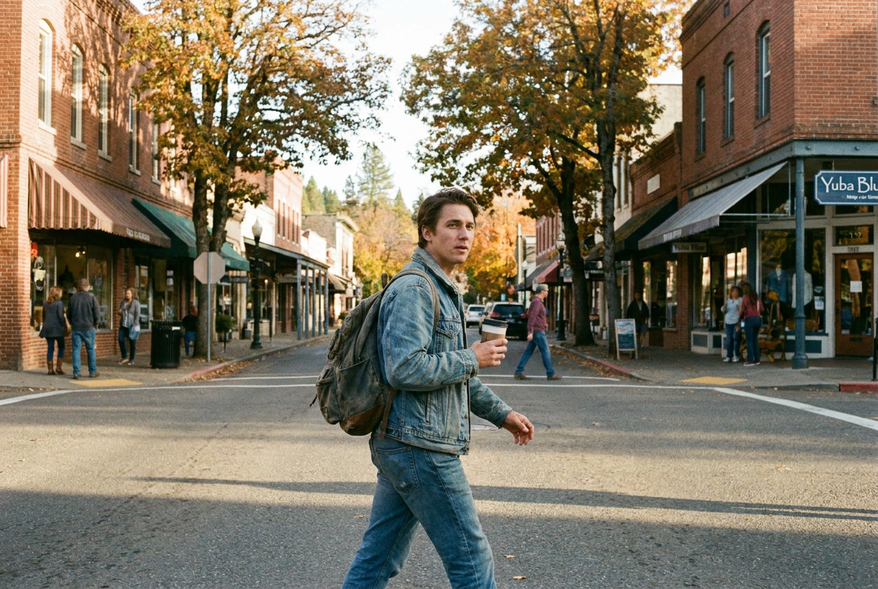 A remote worker strolling along a historic downtown Grass Valley street on a fall afternoon, oak trees showing early autumn color and Gold Country storefronts visible in the background.